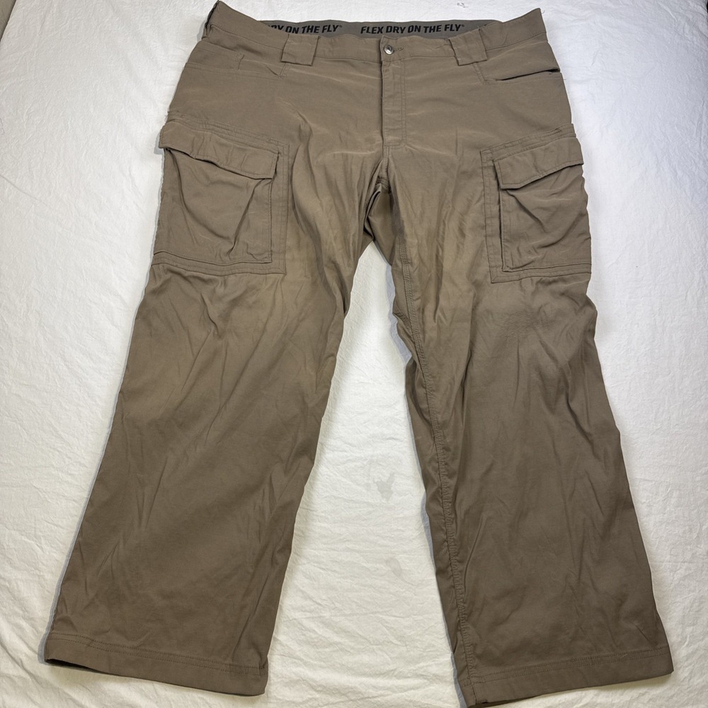 Duluth Trading Pants MENS 46/30 Dry on the Fly Bootcut Cargo Outdoor Utility TAN